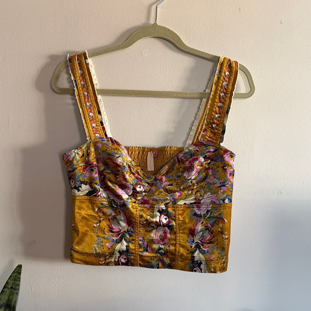 Pilcro Corset-Seamed Floral Yellow Crop Top